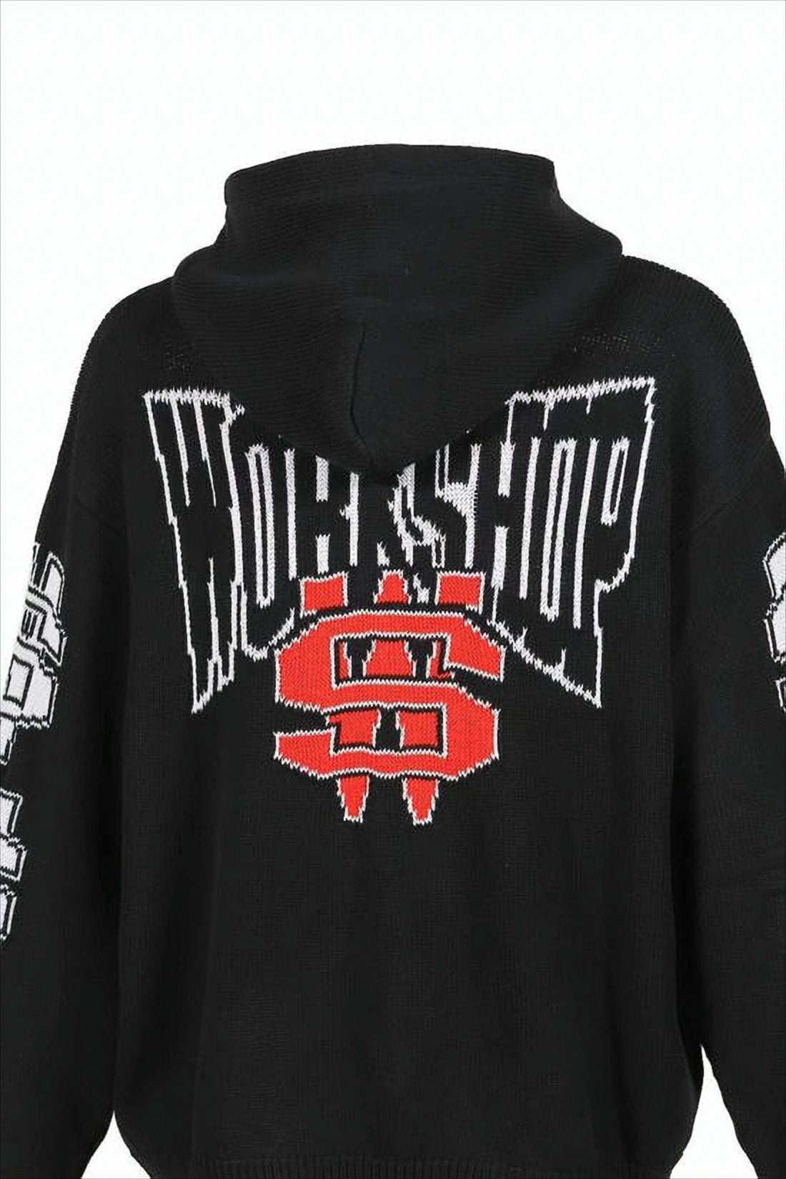 Black Hooded Knit Sweater with Graphic Motifs