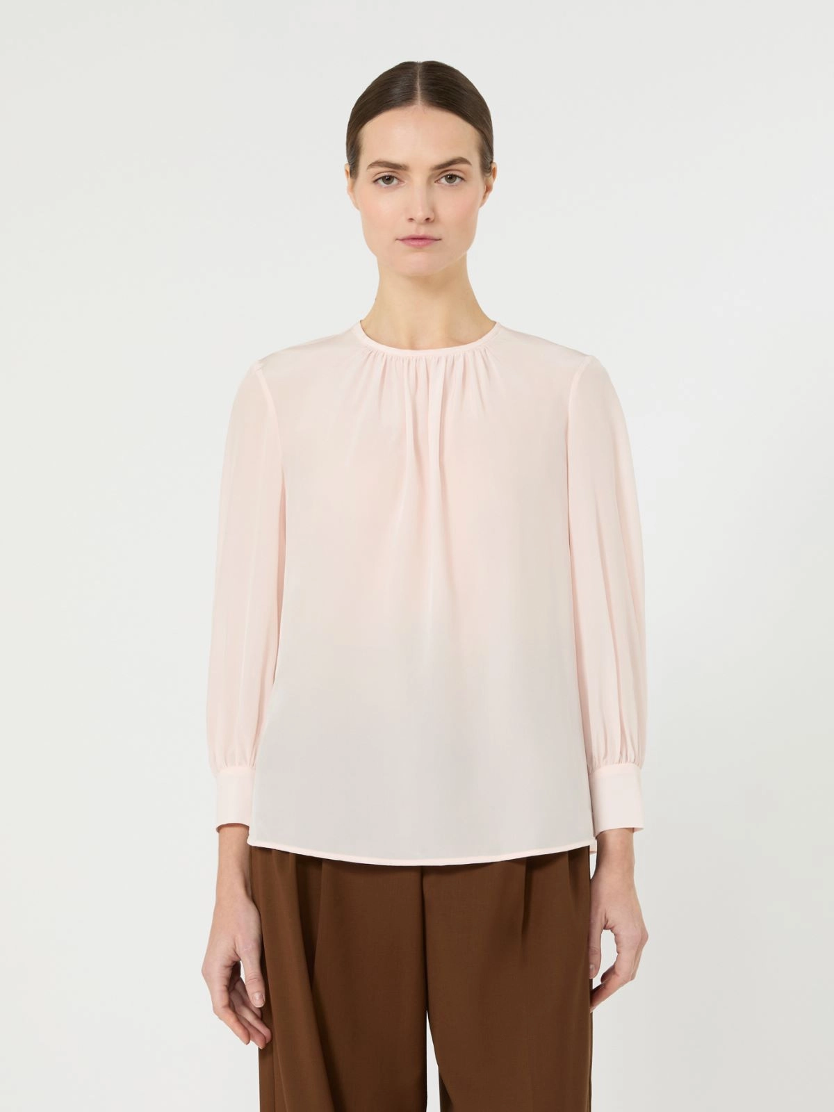 Blush-Tone Blouse with Gathered Neckline and Puff Sleeves