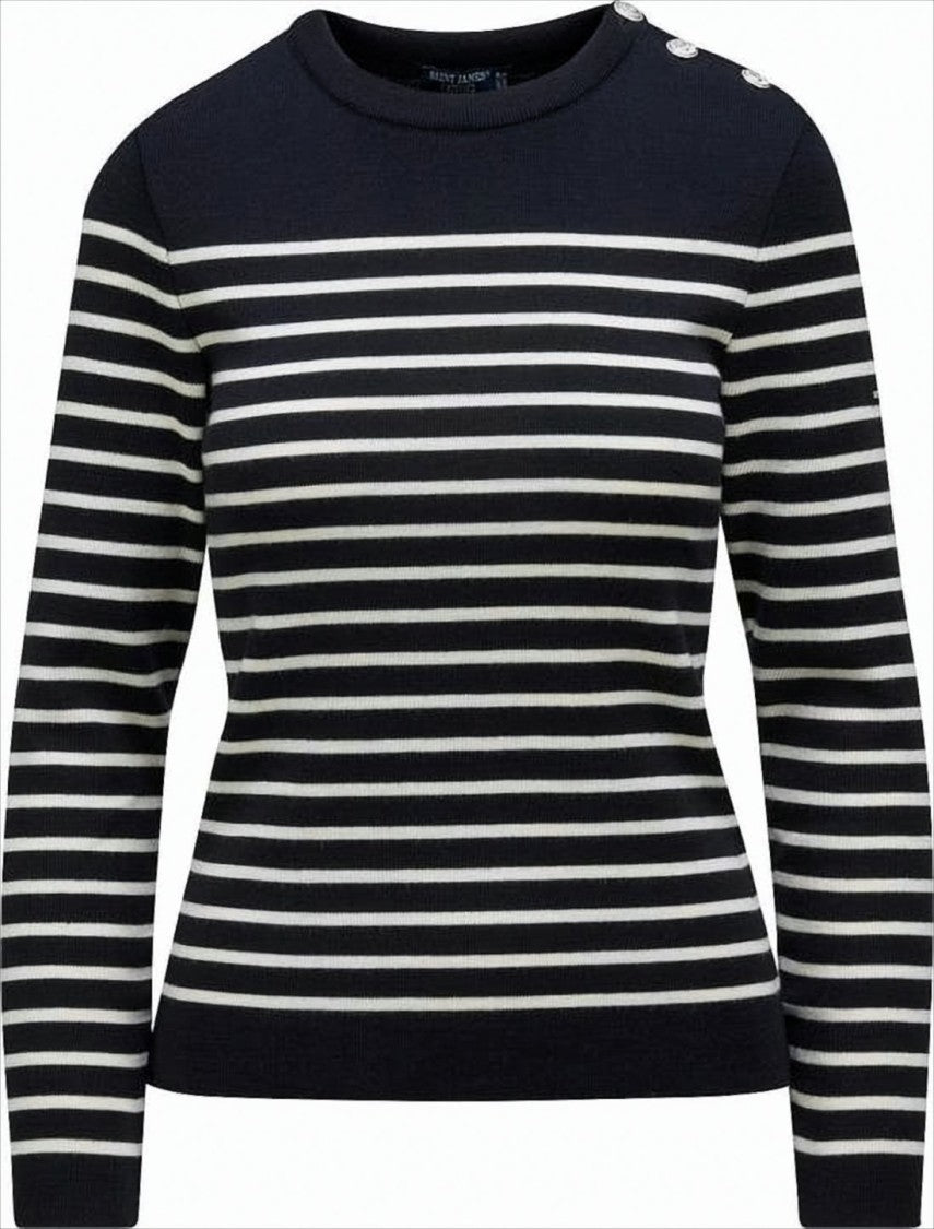 Horizontal Stripe Wool Sweater with Button Detail