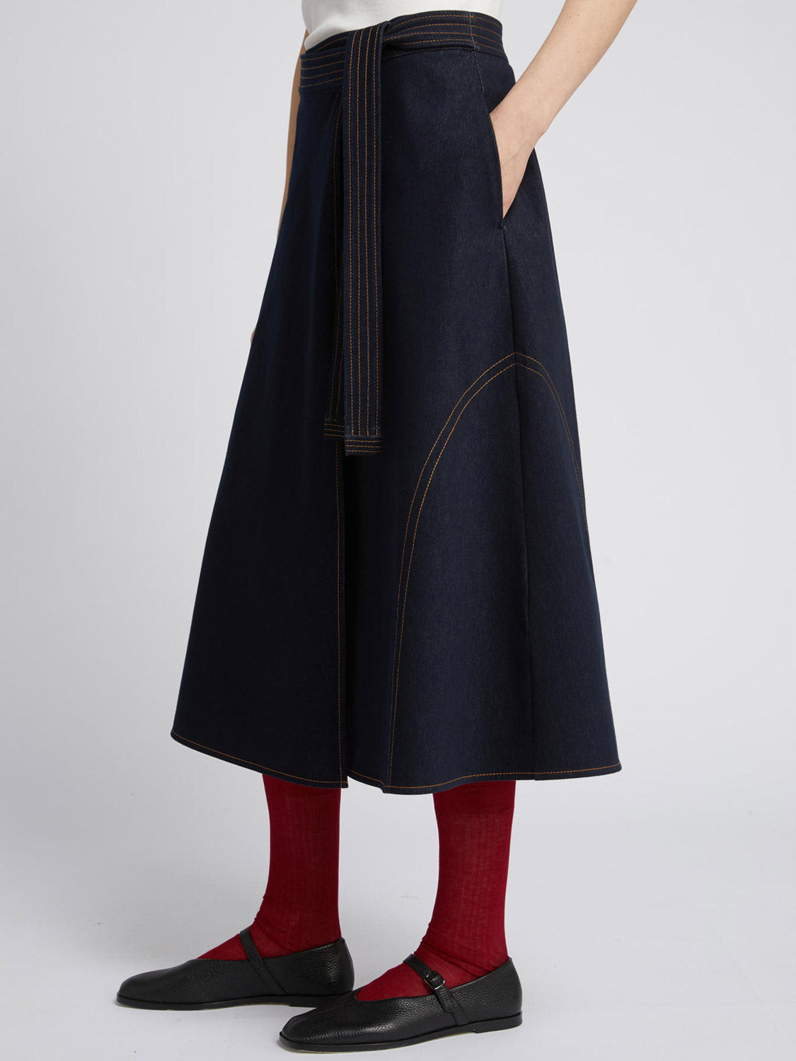 Midi-Length Wrap Skirt in Dark Indigo