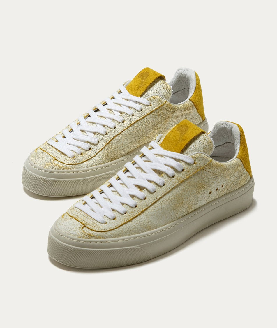 Textured Craquel Leather Sneakers With Yellow Accents