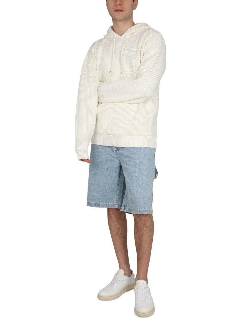 Ribbed White Hooded Shirt With Drawstring