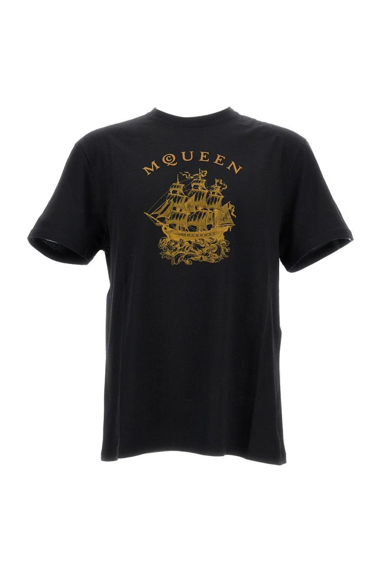 Crewneck T-Shirt With Gold Ship Graphic