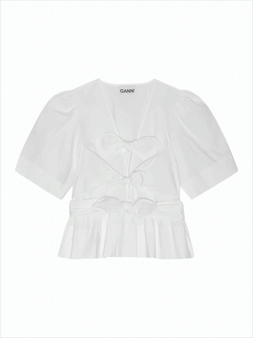 White V-Neck Blouse With Bow Ties And Peplum Hem