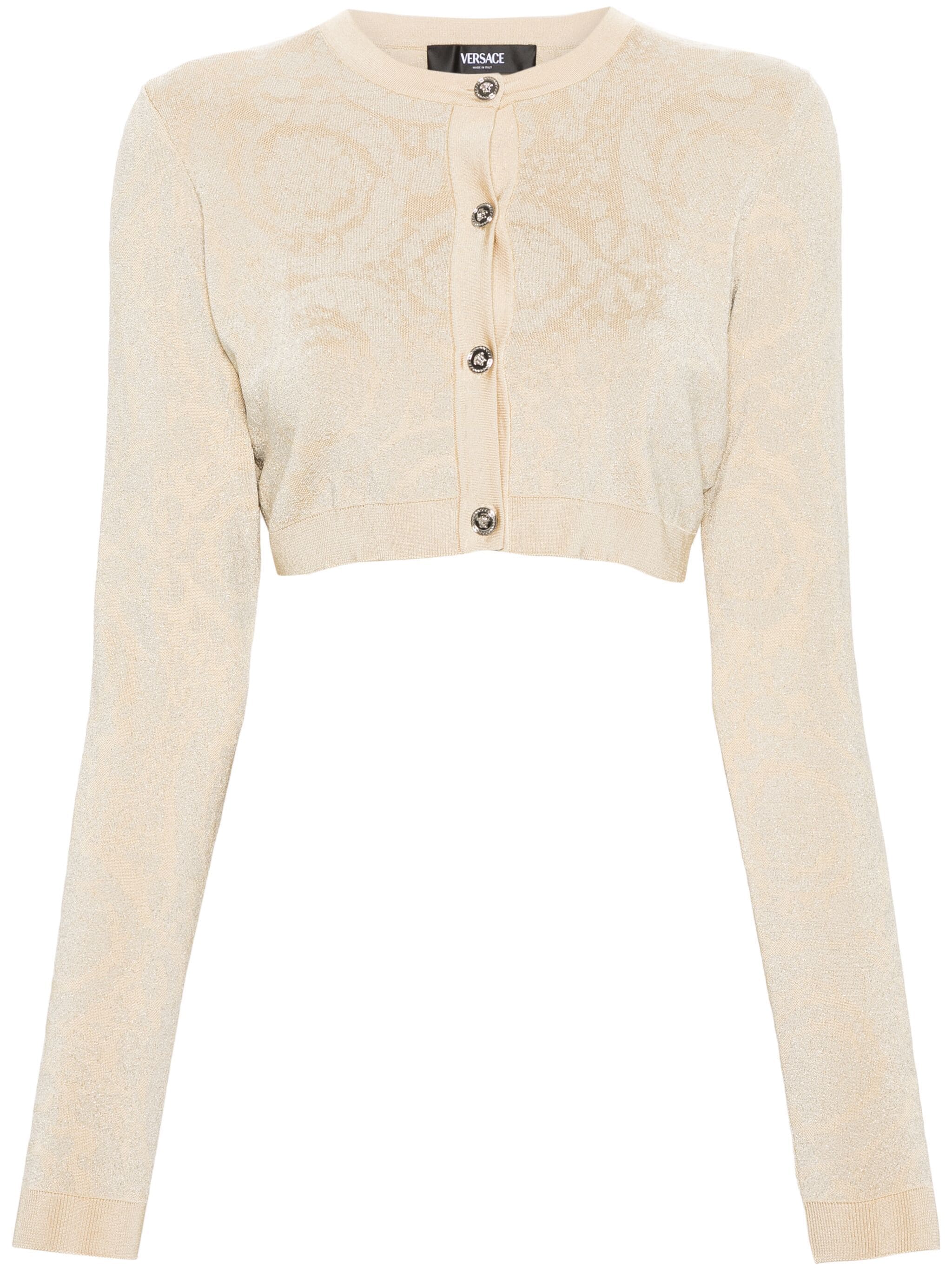 Beige Cropped Baroque Lurex Knit Cardigan