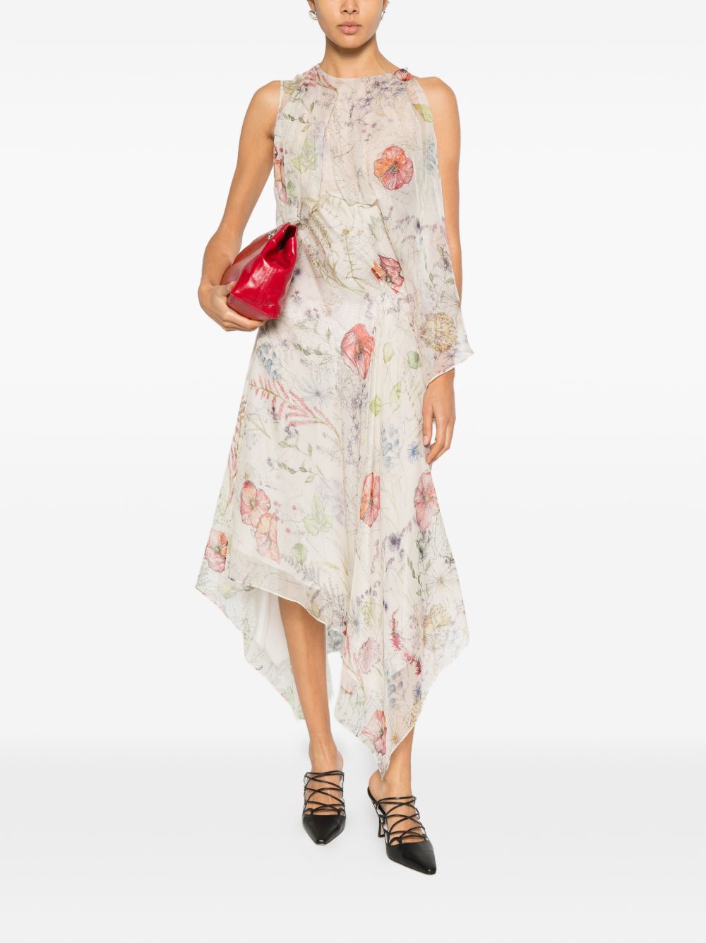 Asymmetrical Midi Dress with Applique Ruffles