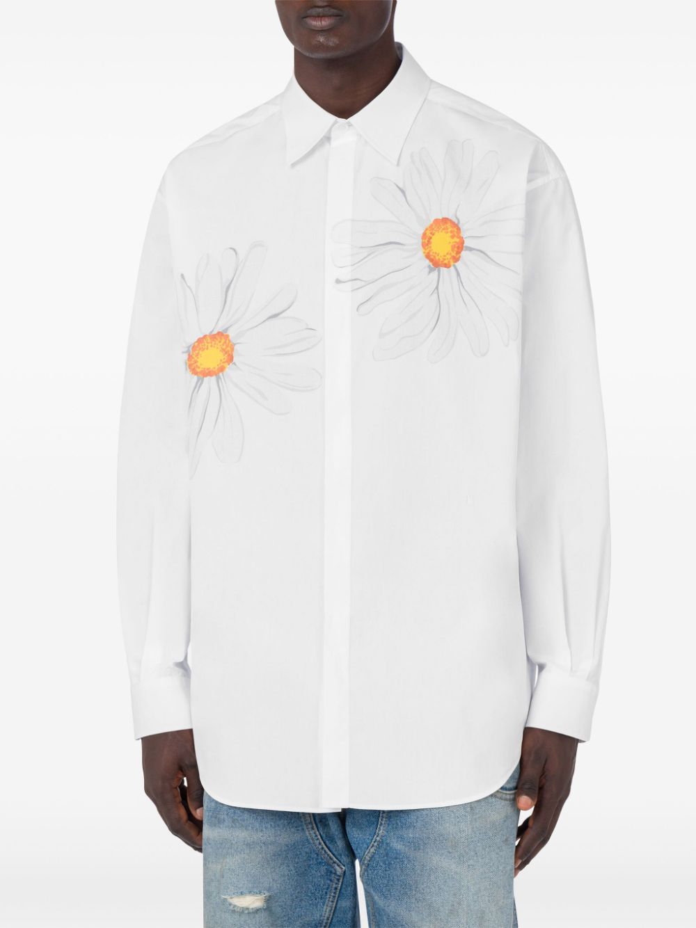 Floral Print White Cotton Poplin Shirt