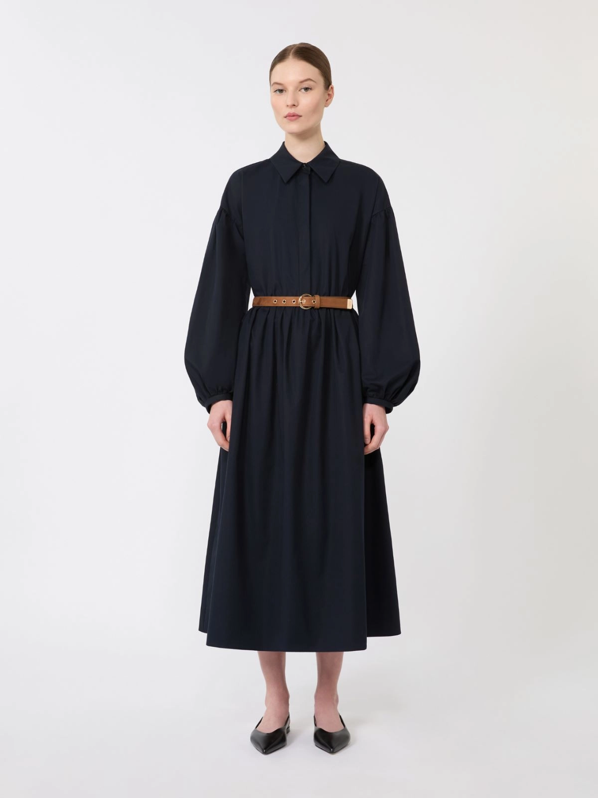 Midi Dress with Puff Sleeves and Cinched Waist