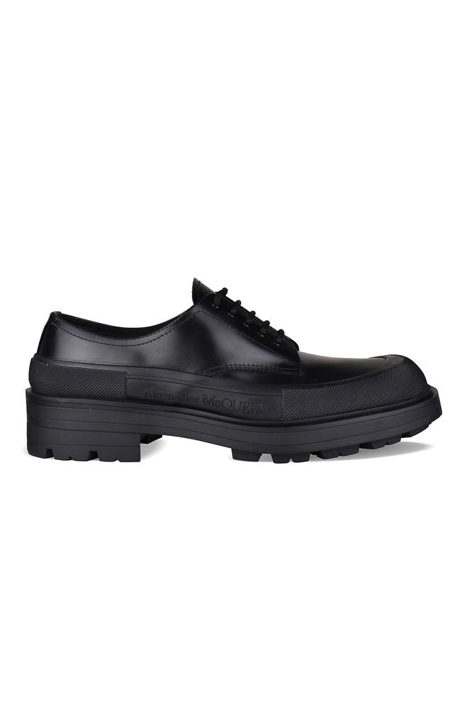 Topstitched Black Leather Derbies With Contrasting Sole