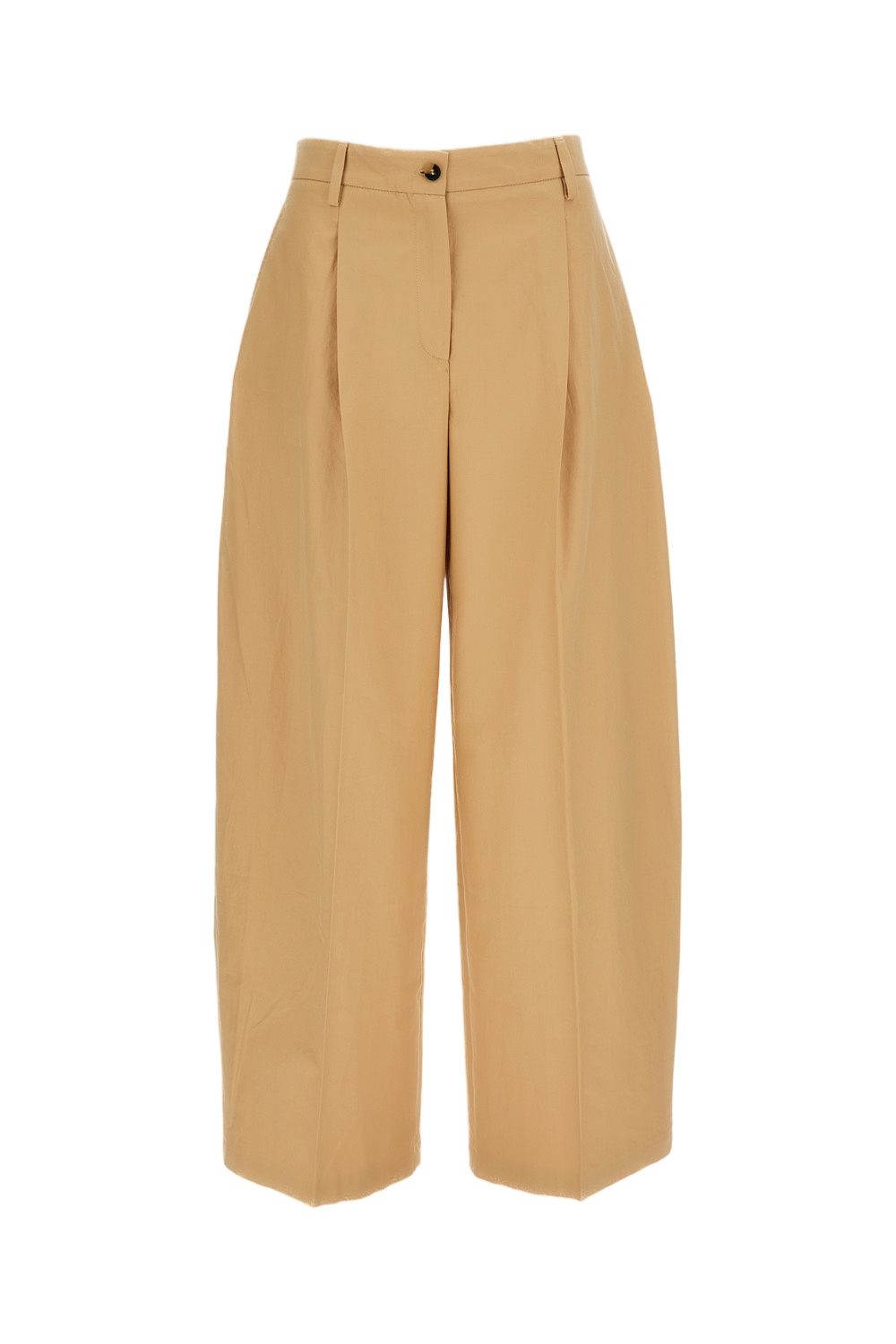 Beige Pleated Lightweight Cotton Wide-Leg Trousers