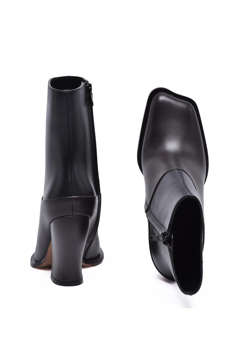 Leather Ankle Boot Heel 9cm - Black