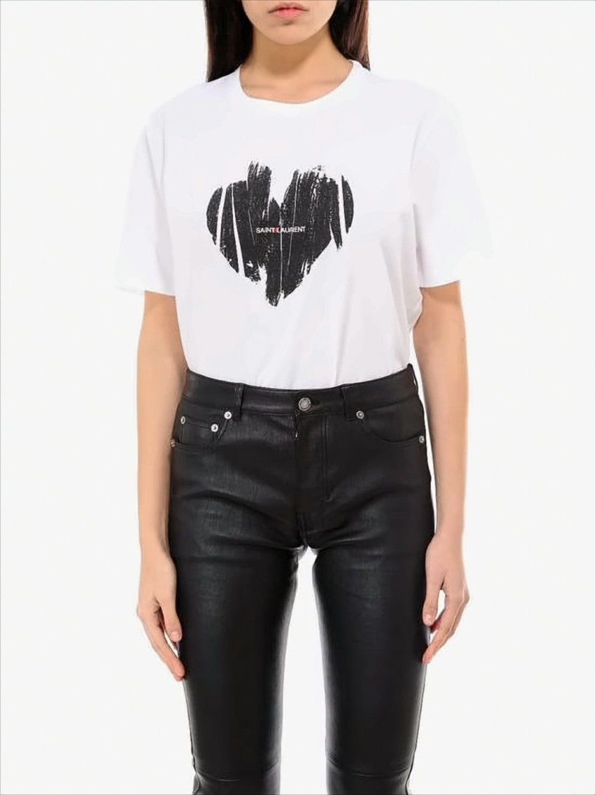 White Cotton Saint Laurent T-Shirt with Bold Heart Graphic