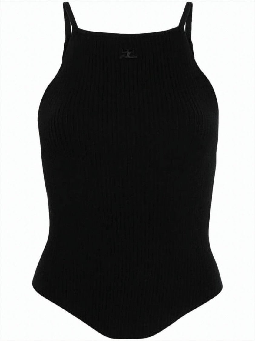 Fitted Ribbed Sleeveless Top With High Neckline