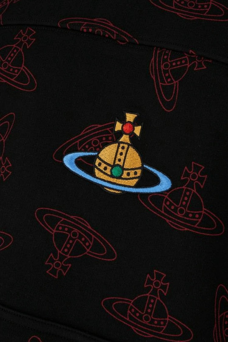 Distinctive Orb Motif Black Hoodie with Embroidered Emblem