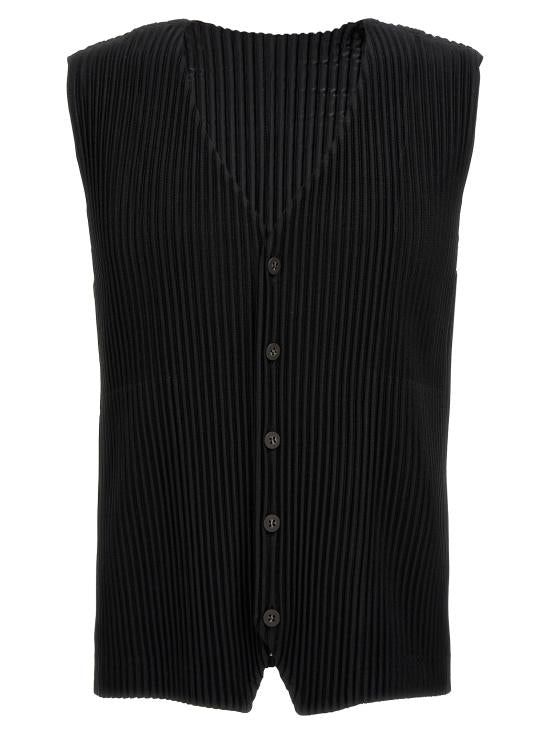 Deep V-Neck Pleated Vest With Button-Down Front