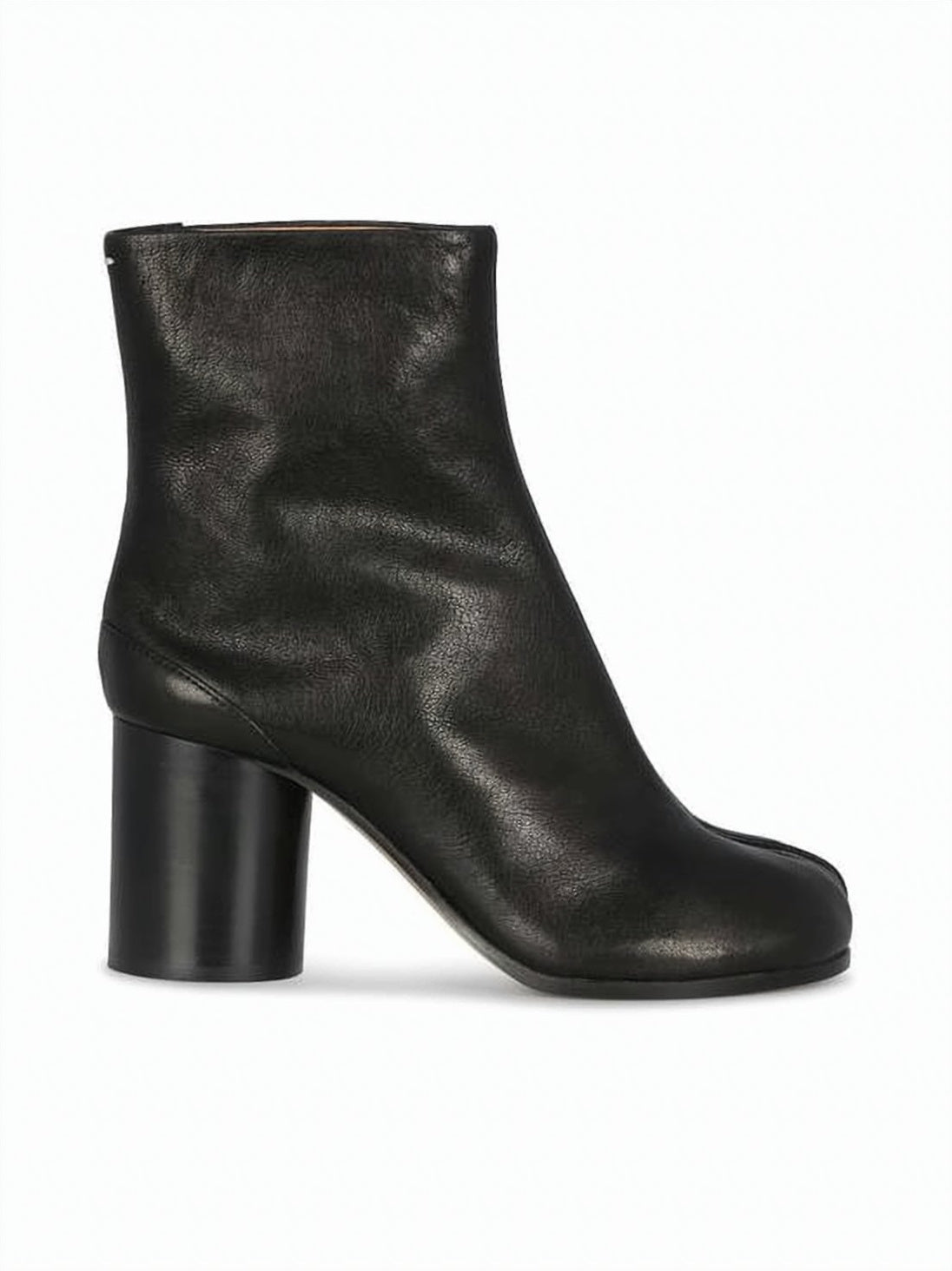 Split-Toe Black Leather Ankle Boots With Mid-Height Block Heel