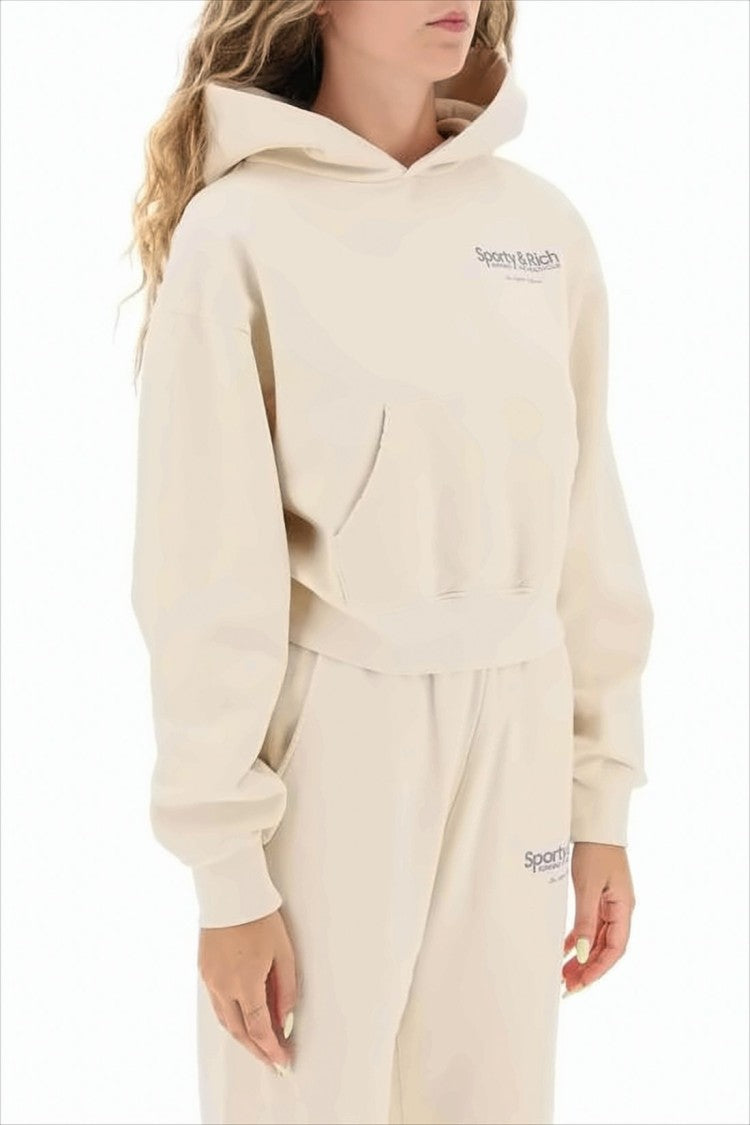 Cropped Light Beige Hoodie with Subtle Logo Print