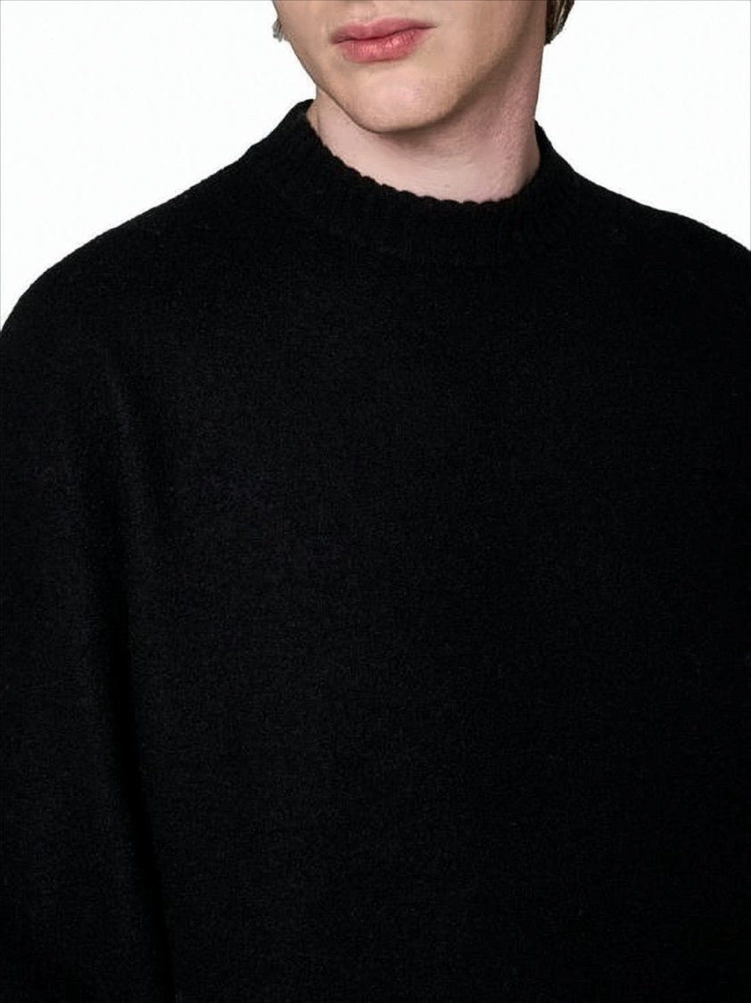Relaxed Fit Black Wool Sweater with Ribbed Details