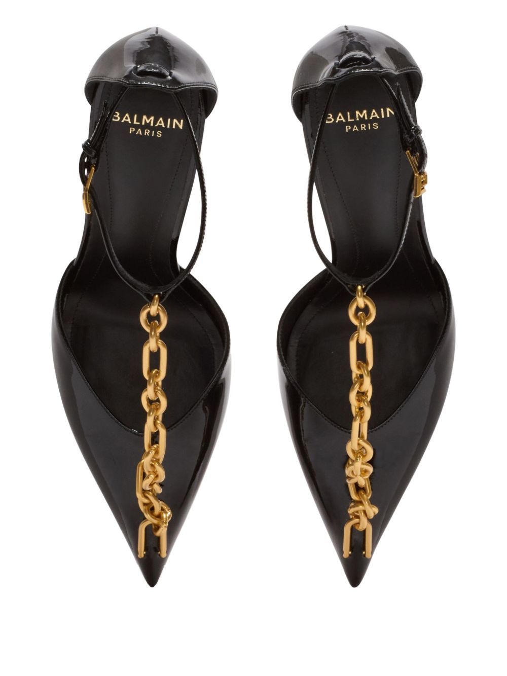 Glossy Pointed-Toe Pumps With Gold Chain Detailing