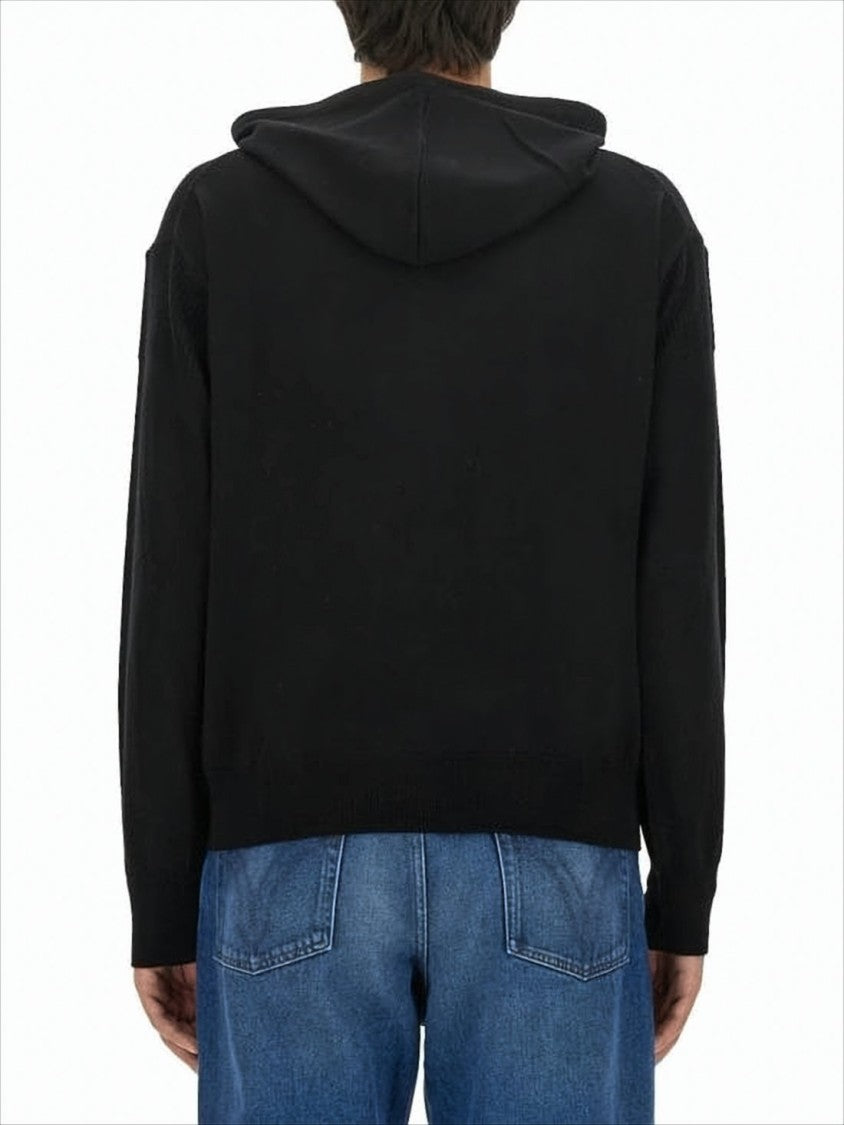 Relaxed-Fit Black Wool Hoodie with Drawstring Hood