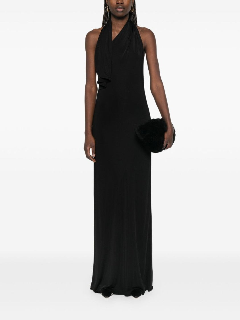 Integrated Scarf Detail Black Dress