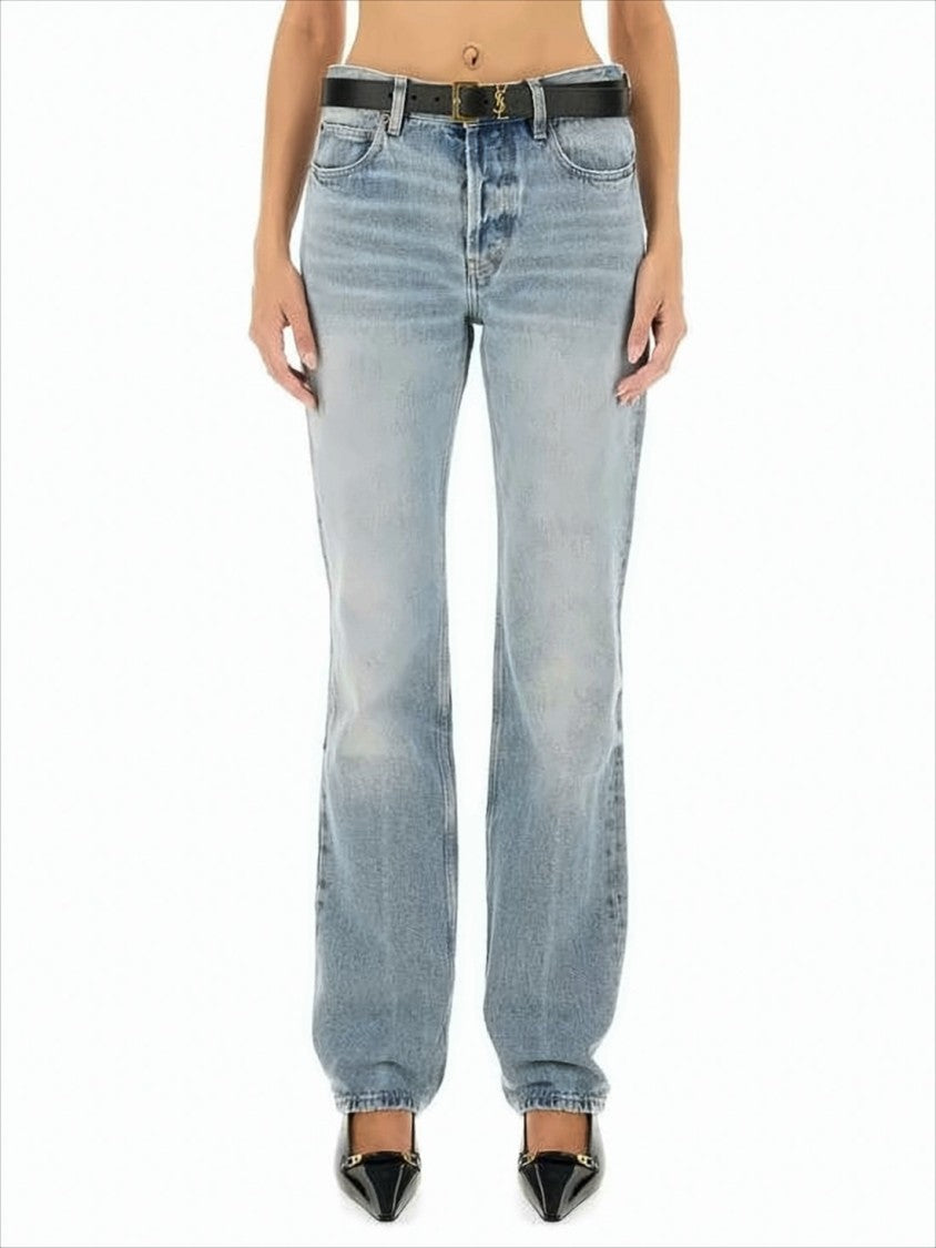 Light Blue Denim Trousers with Raw Hem