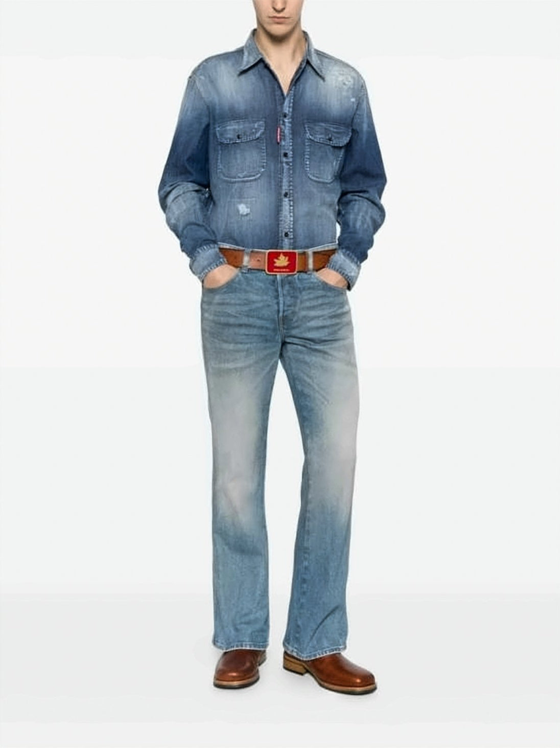 Blue Long-Sleeve Distressed Wash Denim Shirt