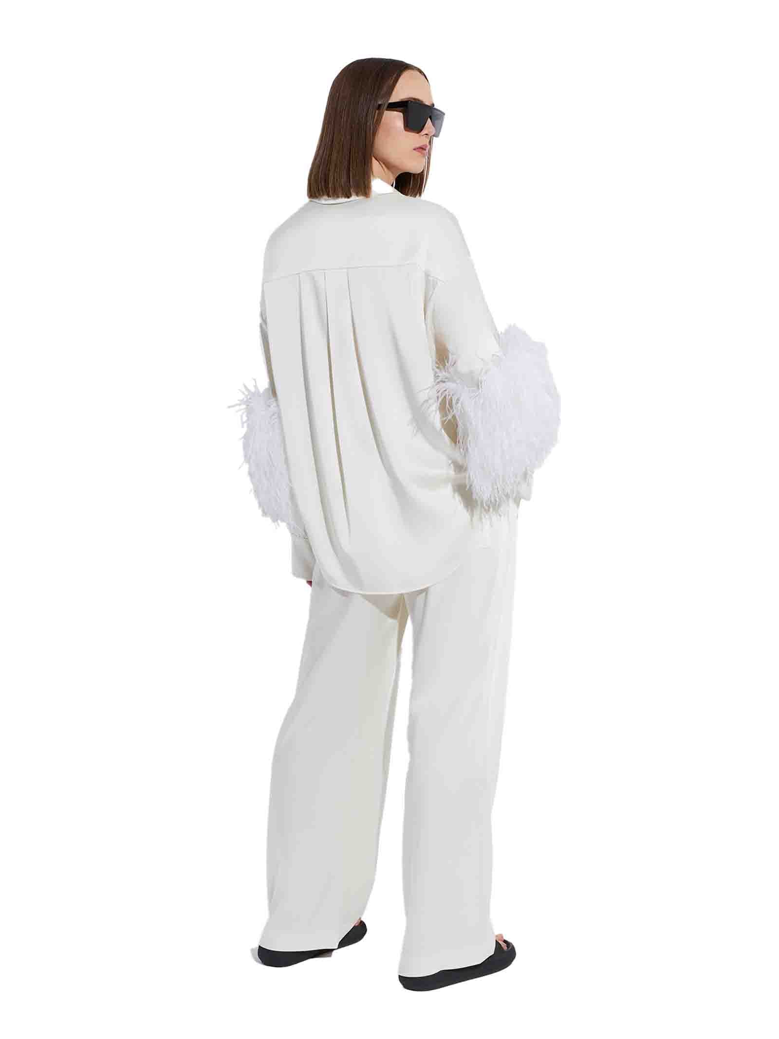 Beige Satin Shirt With Ostrich Feather Embellishments