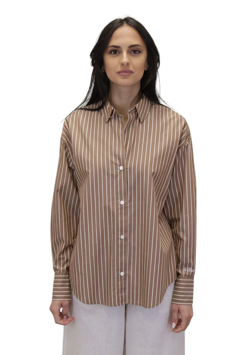 Brown Pinstripe Relaxed-Fit Shirt with Embroidered Detail