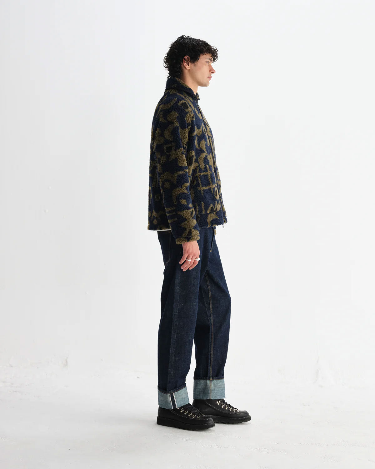 Navy Fleece Jacket with Khaki Abstract Pattern