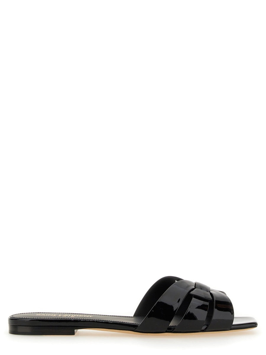 Black Glossy Calfskin Flat Tribute Sandals