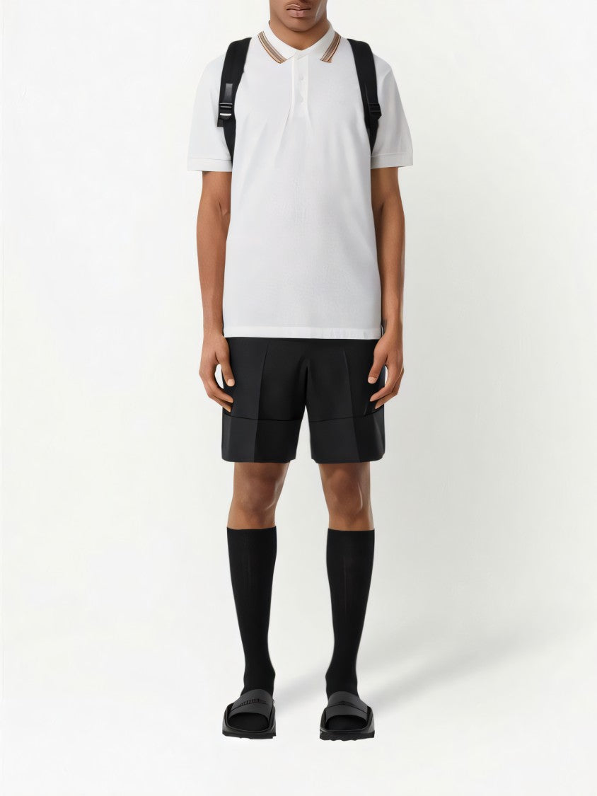 Classic White Polo Shirt with Multicolored Stripe Collar