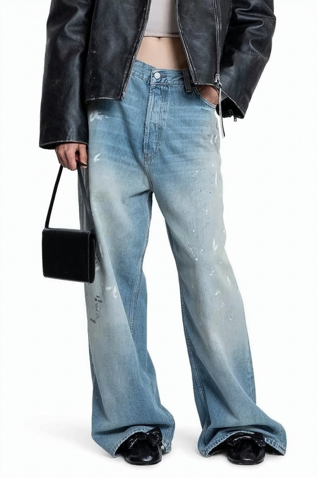 Wide-Leg Light Blue Denim Pants With Distressed Finish