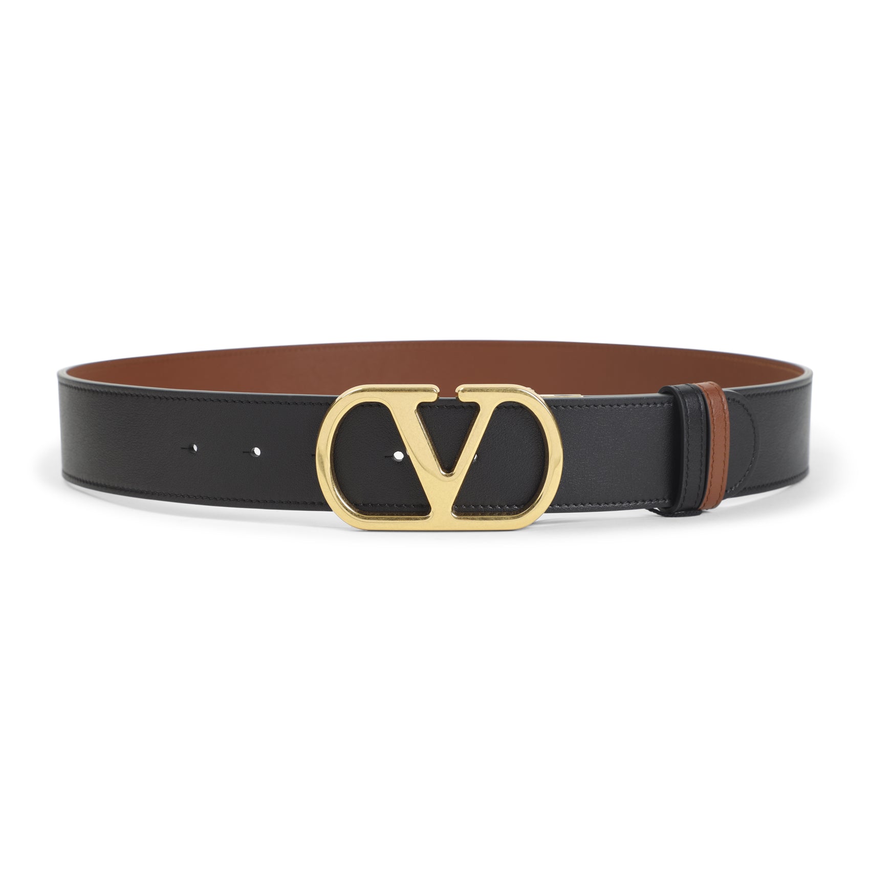 Reversible Calf Leather Belt with Distinctive Gold-tone V-Buckle