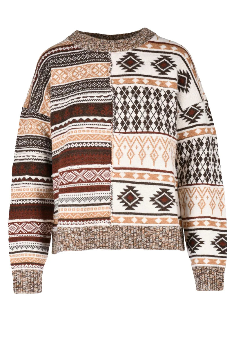 Crew Neck Sweater - Brown/Beige