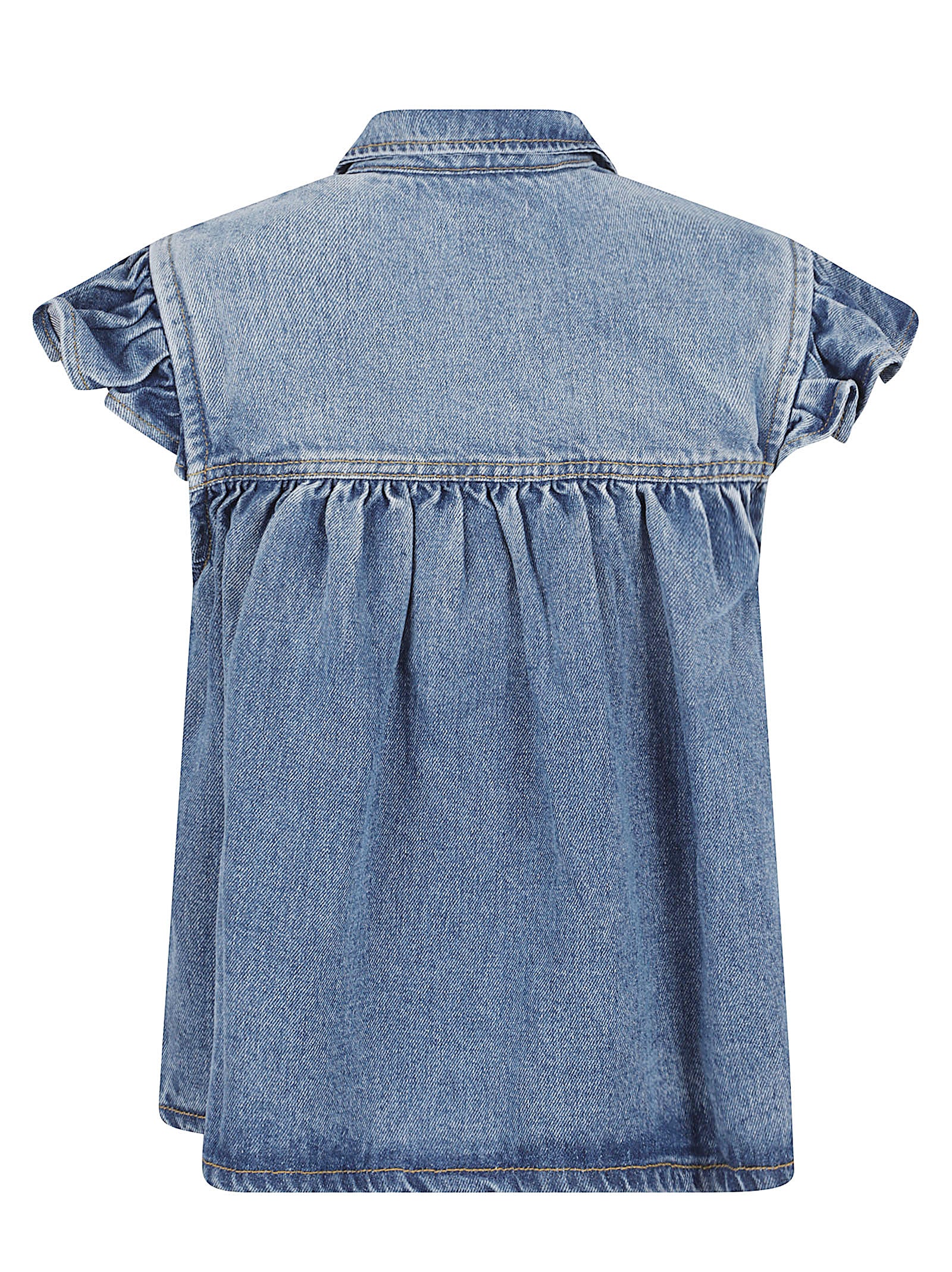 Medium-Wash Denim Shirt with Ruffled Sleeves