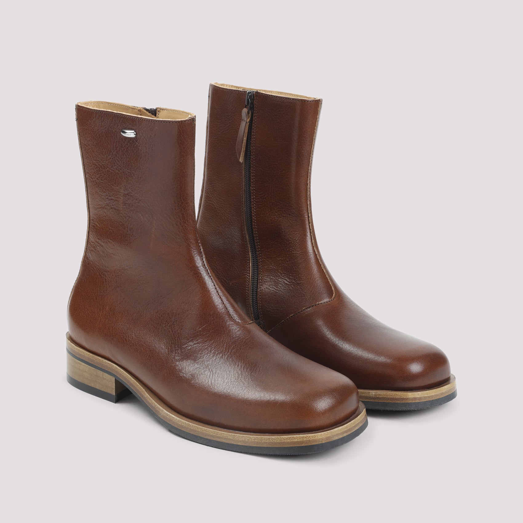 Brown Smooth Leather Ankle Boot With Stacked Heel And Side Zipper