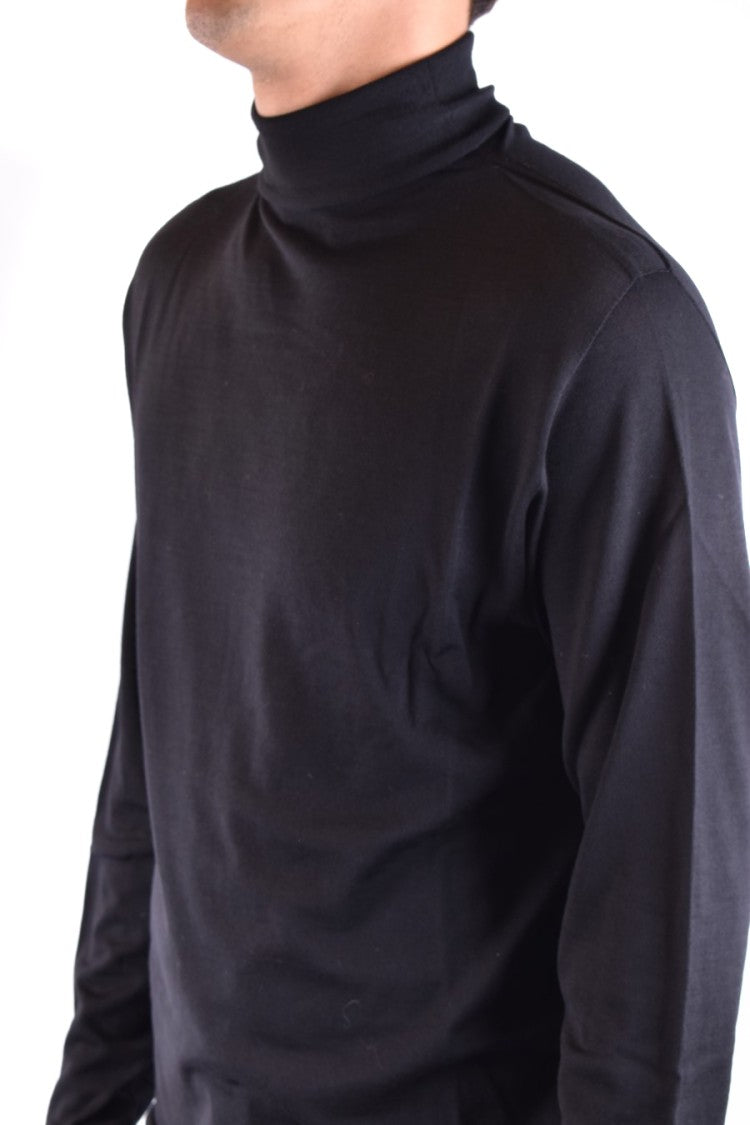 High Turtleneck Black Wool Sweater With Design