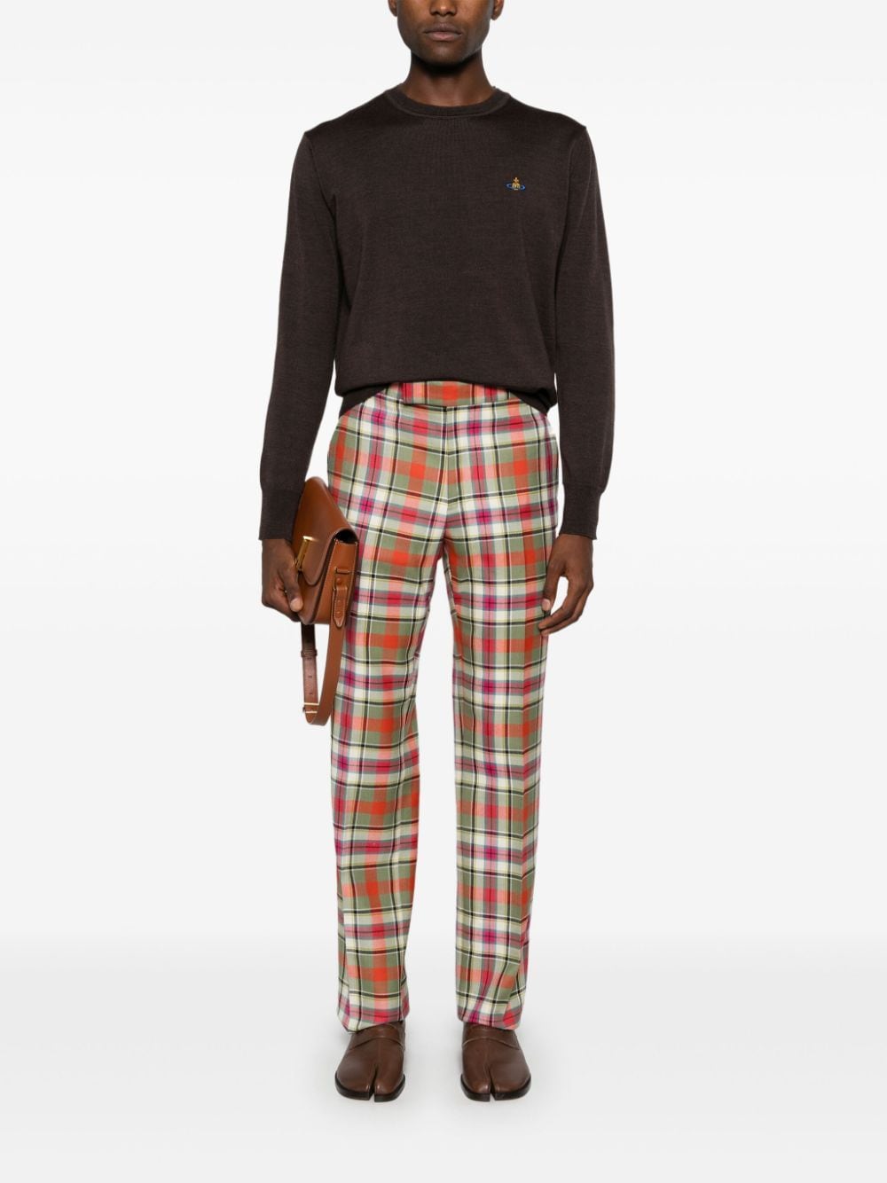 Full-Length Trousers in Light Red Tartan Wool