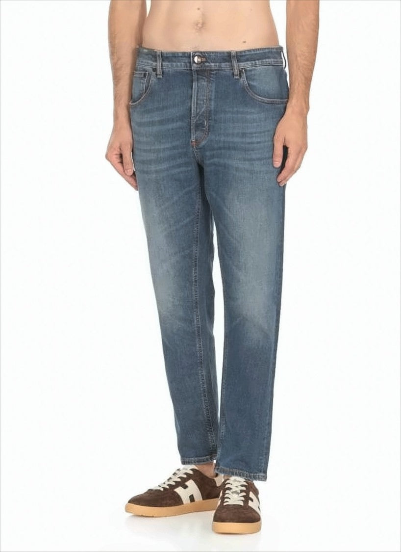 Medium Blue Wash Denim Pants With Classic Five-Pocket Styling