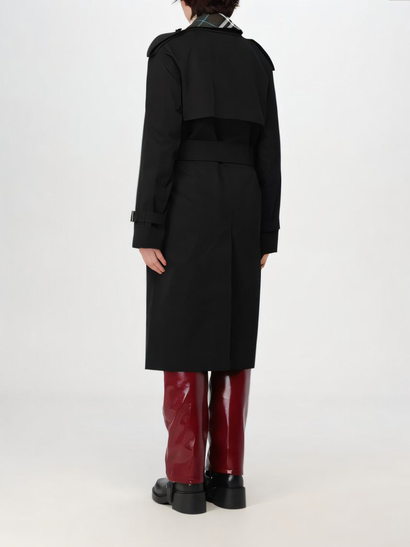 Double-Breasted Trench Coat with Distinctive Plaid Detail