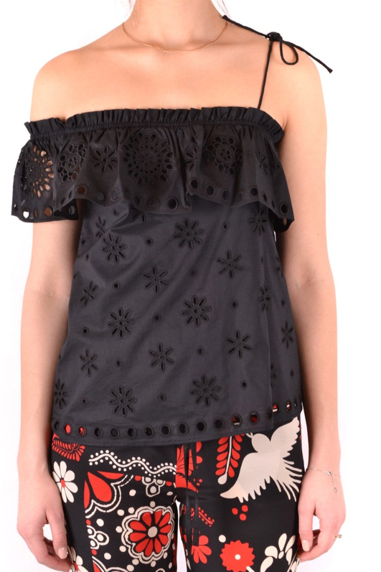 Off-Shoulder Black Top With Ruffled Overlay