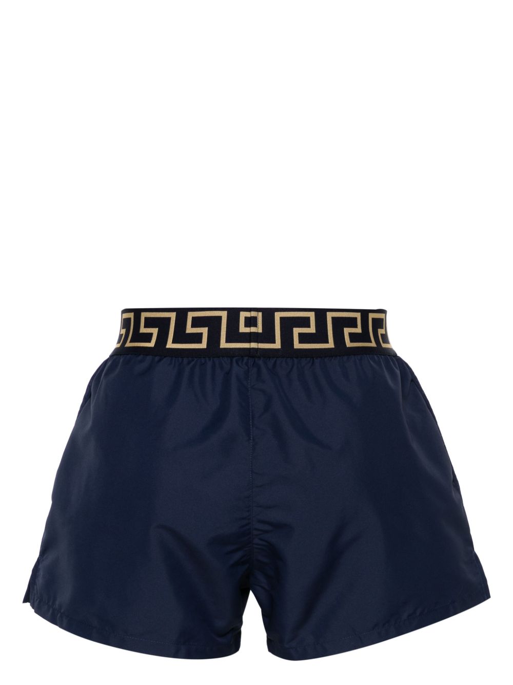 Navy Silk-Nylon Swim Shorts With Greek Key Waistband
