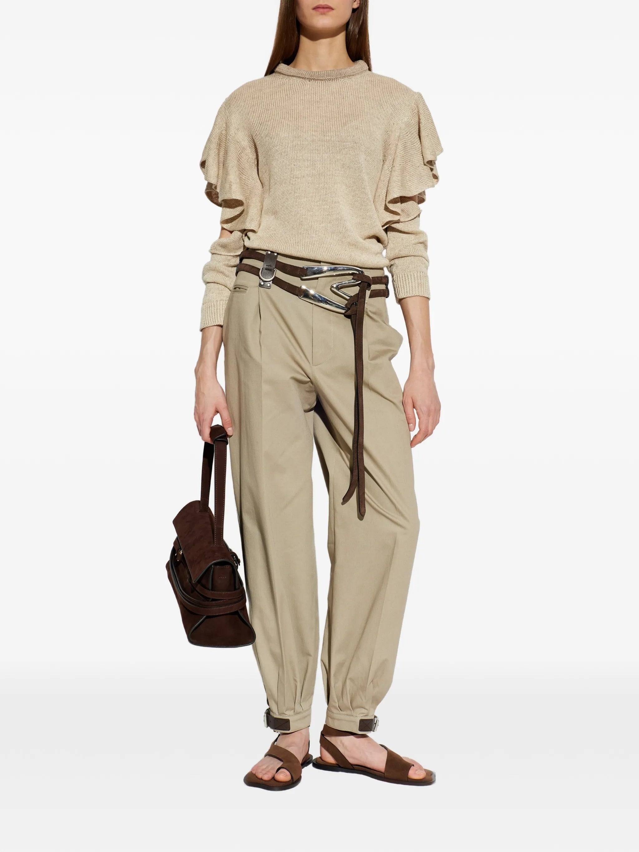 Dark Leather Strap Relaxed Tapered Cotton Pants
