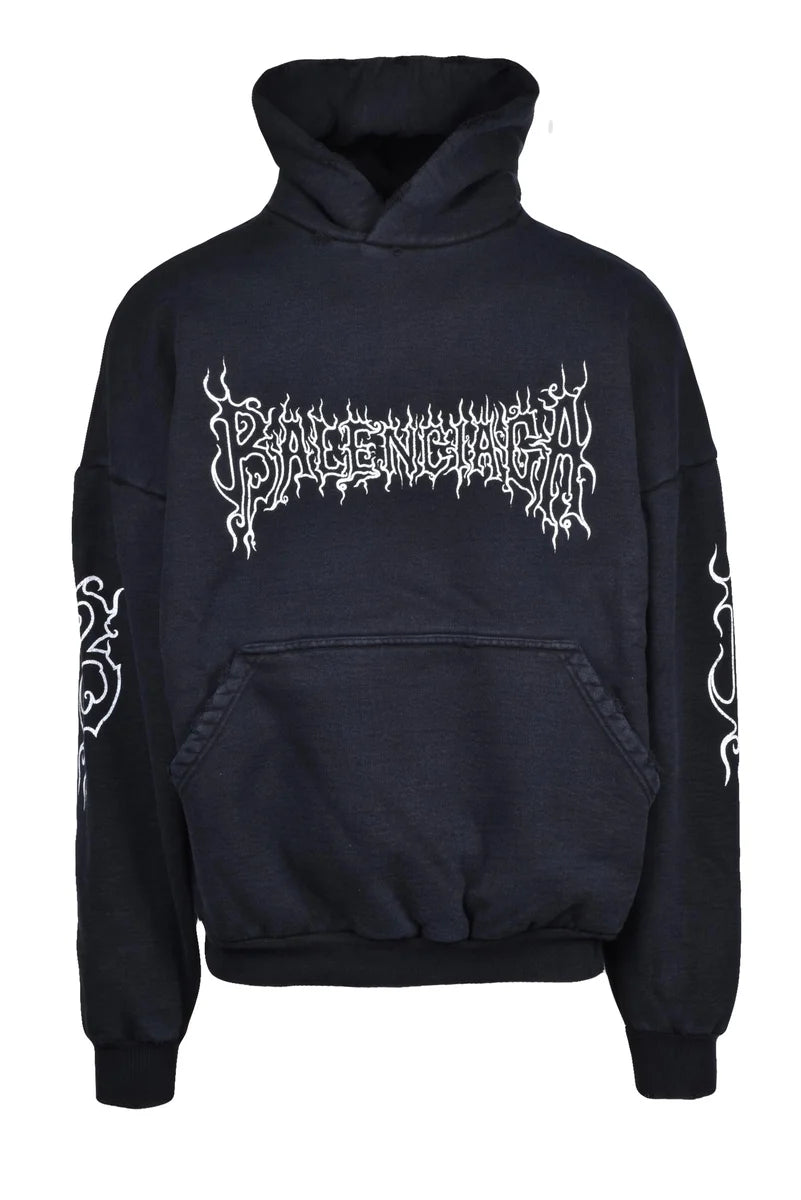 Oversized Black Hoodie with Graphic Accents