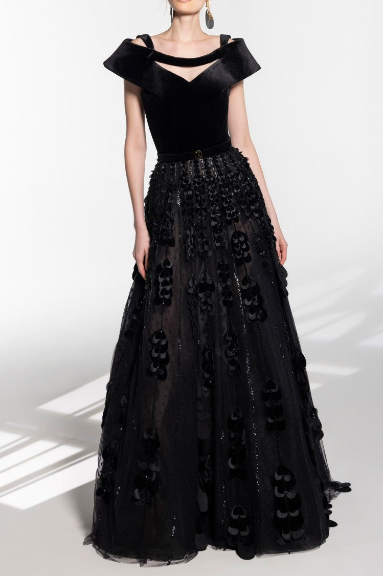 Beaded Tulle Skirt With Velvet Bodysuit