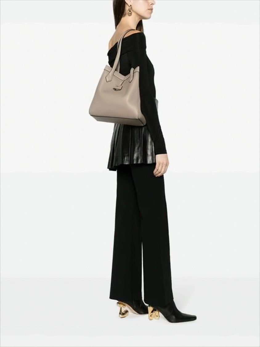 Structured Taupe Leather Shoulder Bag with Gold-tone Detail