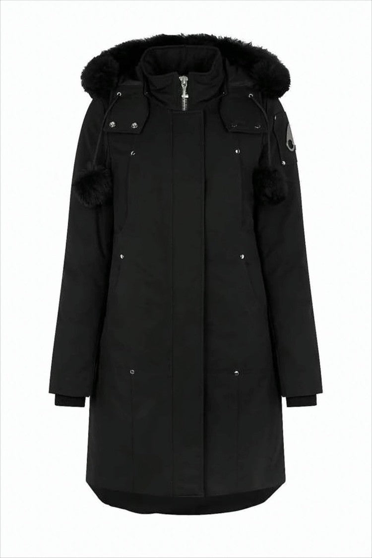 Long Black Padded Coat With Detachable Faux Fur Hood
