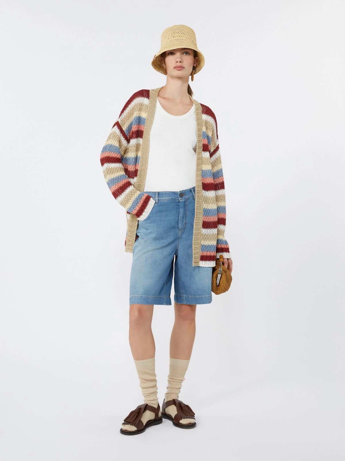 Horizontal Stripe Knit Cardigan with Matching Belt