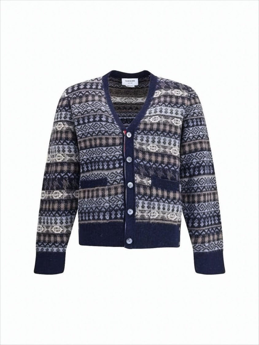 Multi-Patterned V-Neck Cardigan with Button-Down Front